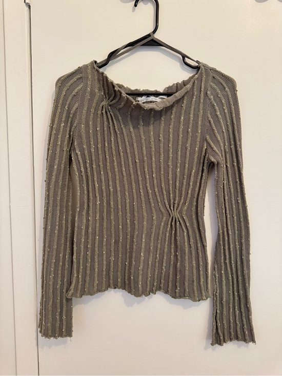 silence + noise Tops - silence + noise Olive Ribbed Knit Top with Subtle Metallic Thread